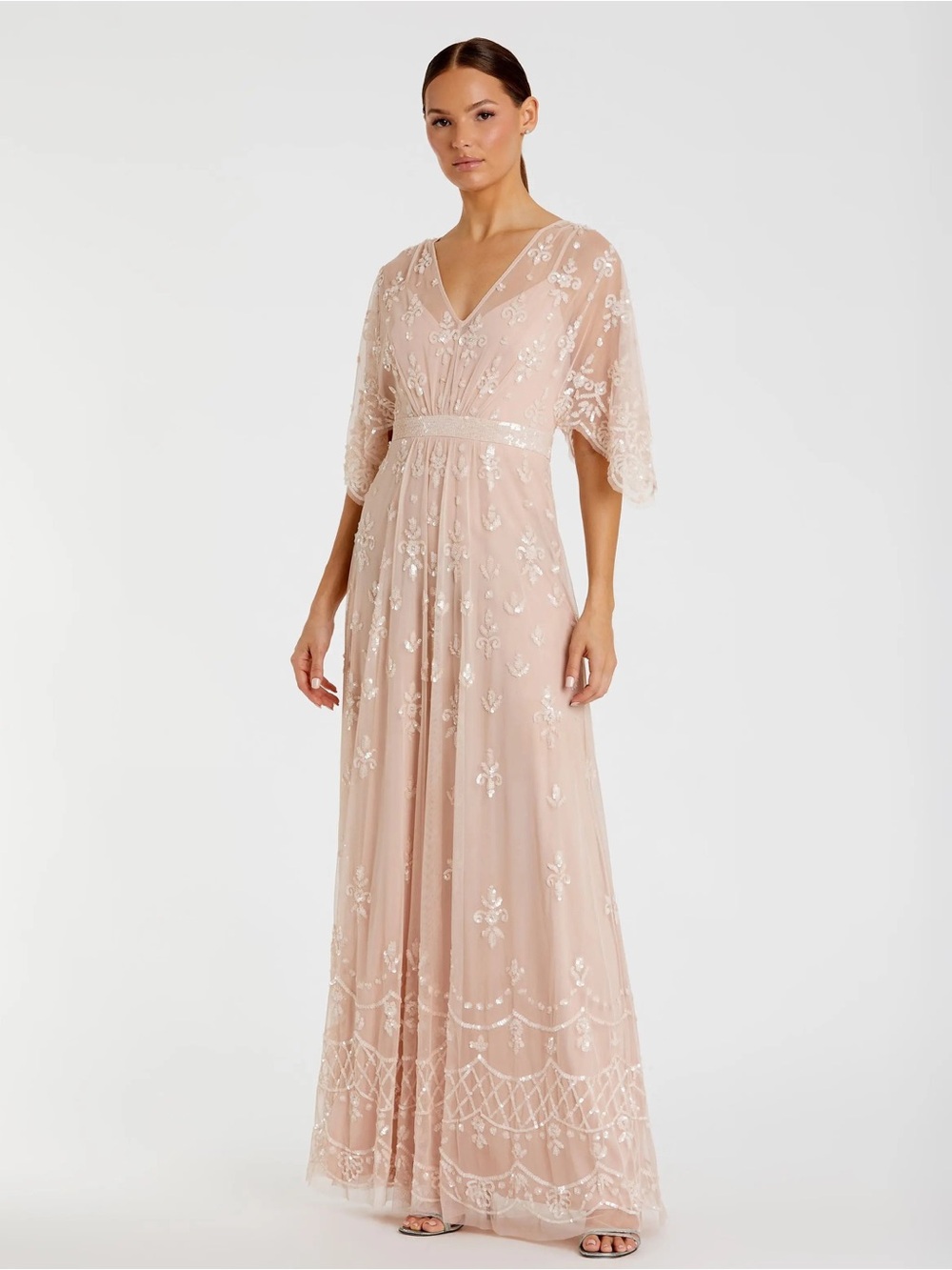 MAC DUGGAL Pink V Neck Flounce Sleeve Embellished Mesh Gown